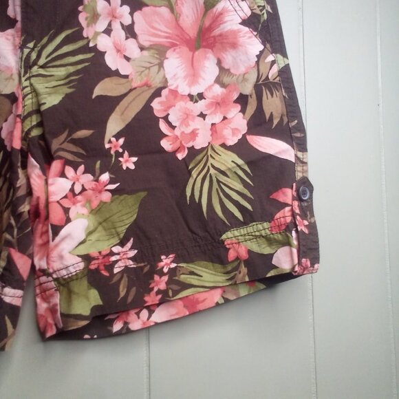 Caribbean Joe Shorts Women 6 Cotton Tropical Floral Brown Peach - Picture 5 of 10